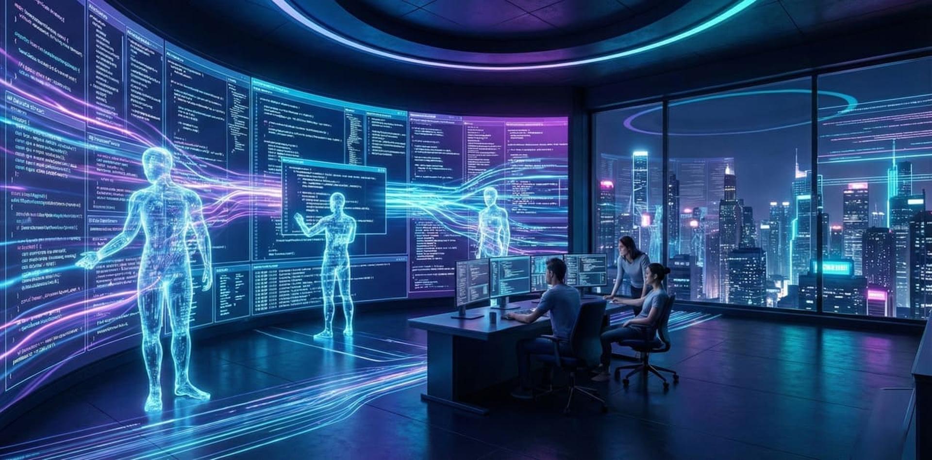 איור של סוכן AI עוזר למפתח בכתיבת קוד תוכנה