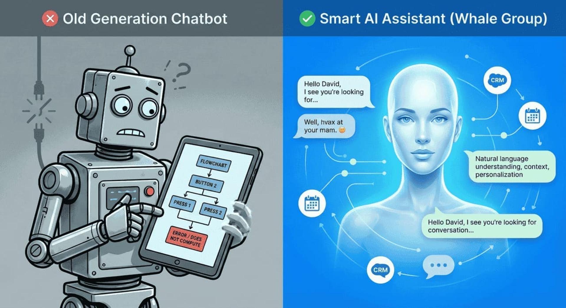 השוואה בין בוט ישן לבוט חכם של Whale Group - אוטומציה עסקית