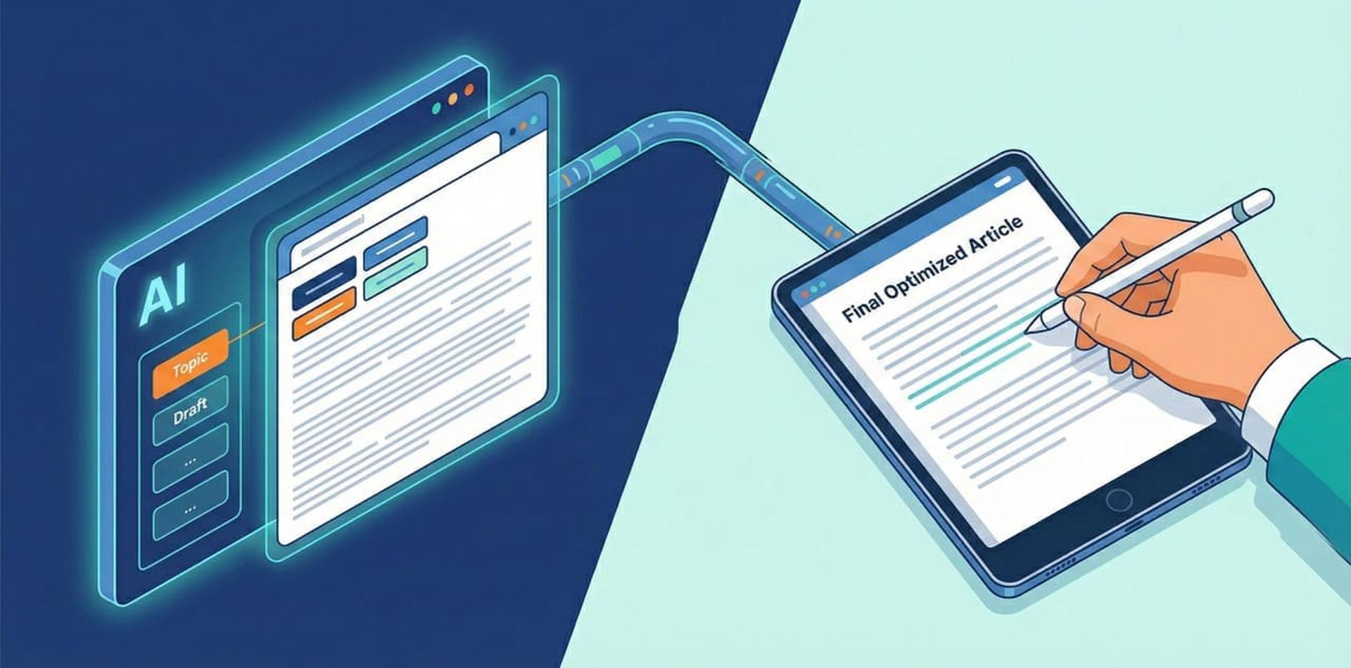עורך תוכן אנושי משפר ומלטש טיוטת מאמר שנוצרה על ידי בינה מלאכותית לקידום אתרים (SEO).