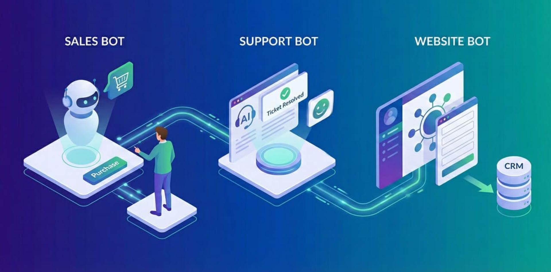 אילוסטרציה של בוט מכירות, בוט תמיכה ובוט לאתר המשולבים בתהליך אוטומציה למערכת CRM