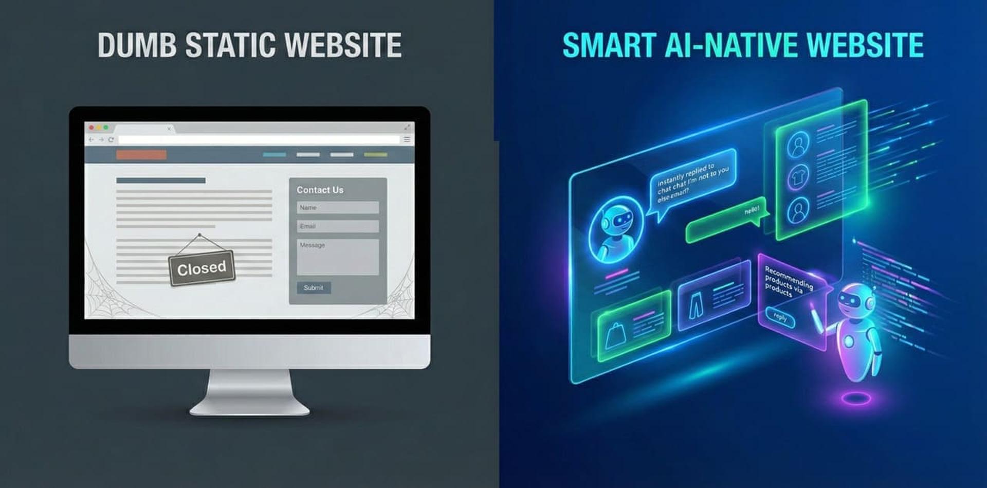 השוואה בין אתר סטטי ומיושן (Dumb) לאתר AI-Native חכם עם סוכנים פעילים