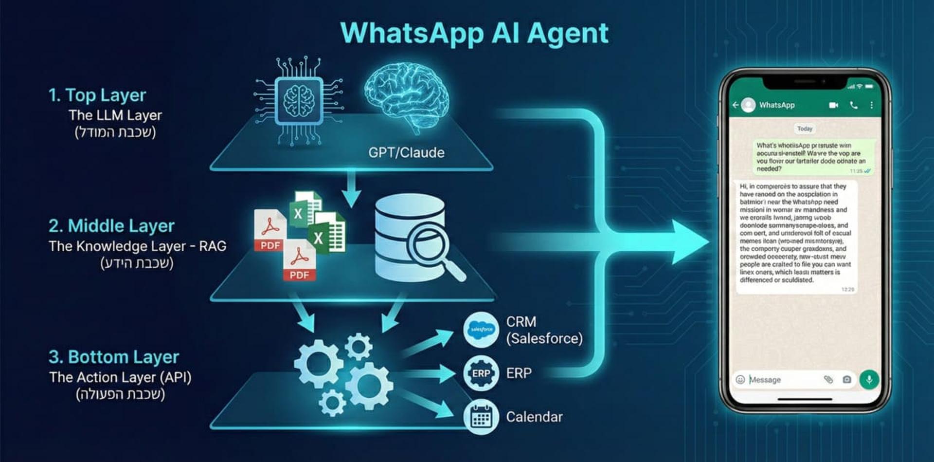 ארכיטקטורת סוכן AI לוואצאפ עם שכבות מודל, ידע ופעולה